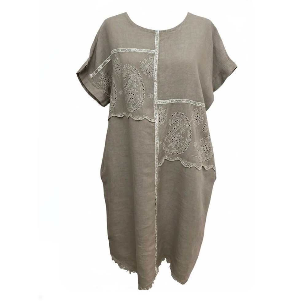 Lagenlook Taupe Linen Shift Dress Embroidered Paisley Eyelet & Raw Hem Boho L/XL